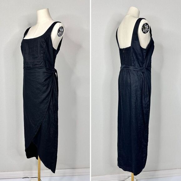 Aritzia Wilfred Saturn Dress Black Organic Linen Wrap Midi 8 Minimalist Classic - Picture 4 of 12